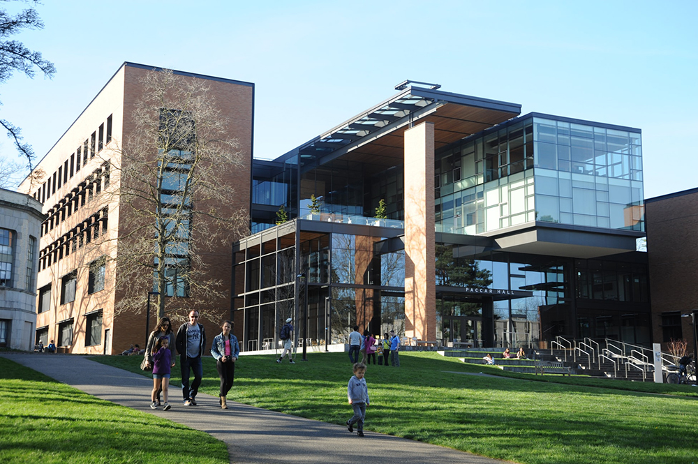 Students walking together through a park